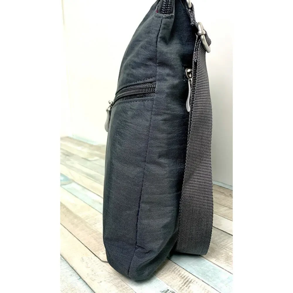 BAGGALLINI GRAY NYLON CANVAS ZIP TOP POCKETS X-BODY SHOULDER BAG HANDBAG PURSE